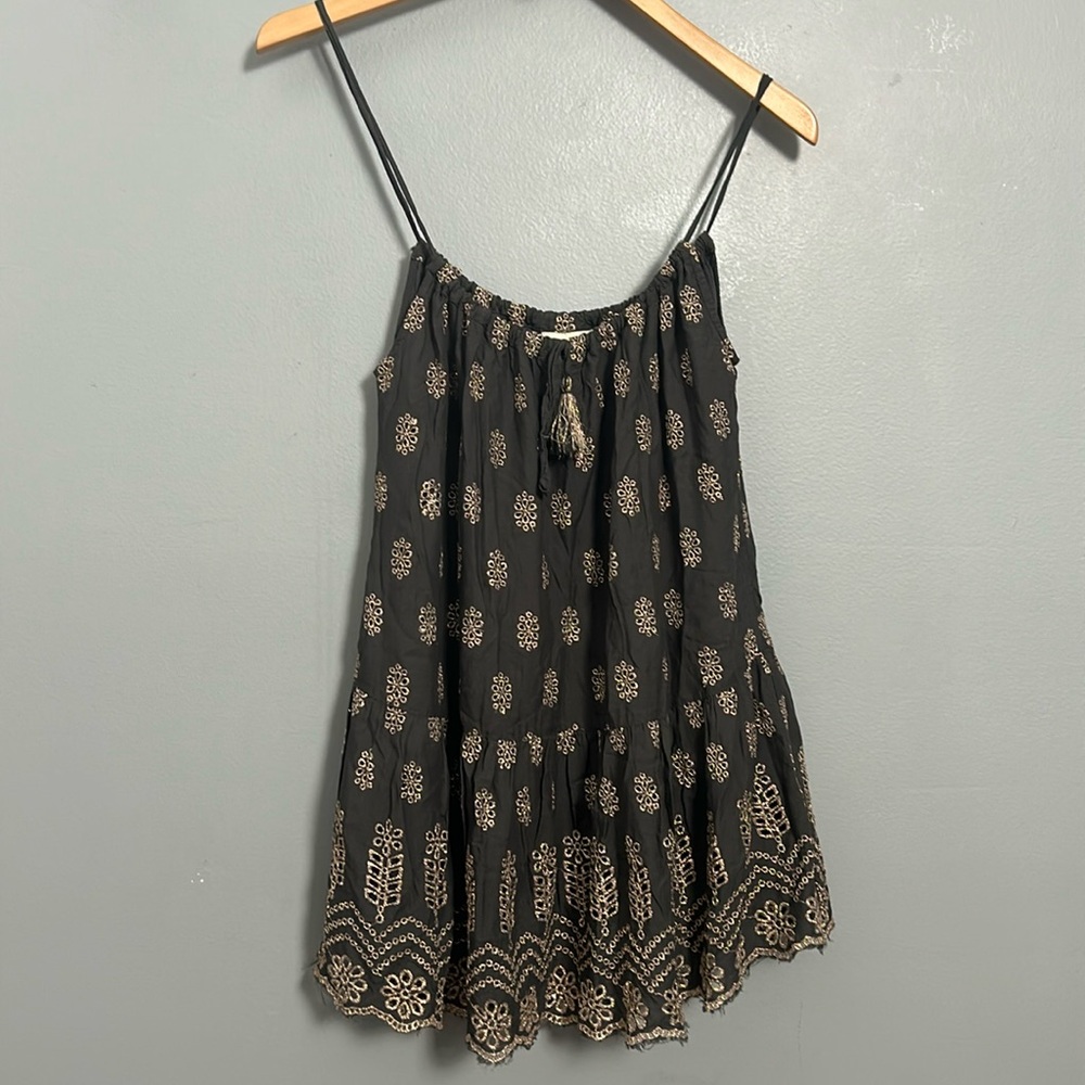 Ruby Yaya Grey Gold Eyelet Stitch Cold Sleeveless Layered Mini Dress size S